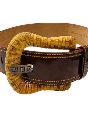 FENDI BROWN GENUINE PATENT LEATHER WIDE CINCH CORSET WAIST BELT WITH CHUNKY WICK